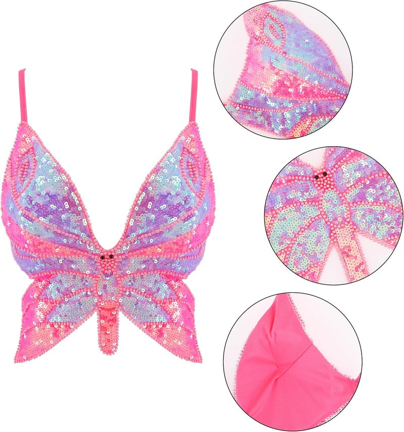 Mocure Womens Glitter Sequin Butterfly Crop Top Low-Cut Tank Top Rave Tube Vest Top for Belly Dance Costume Outfits - Image 5